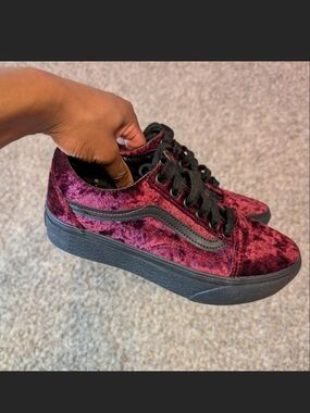 Vans Burgundy Velvet Platform Sneakers with Black Trim
